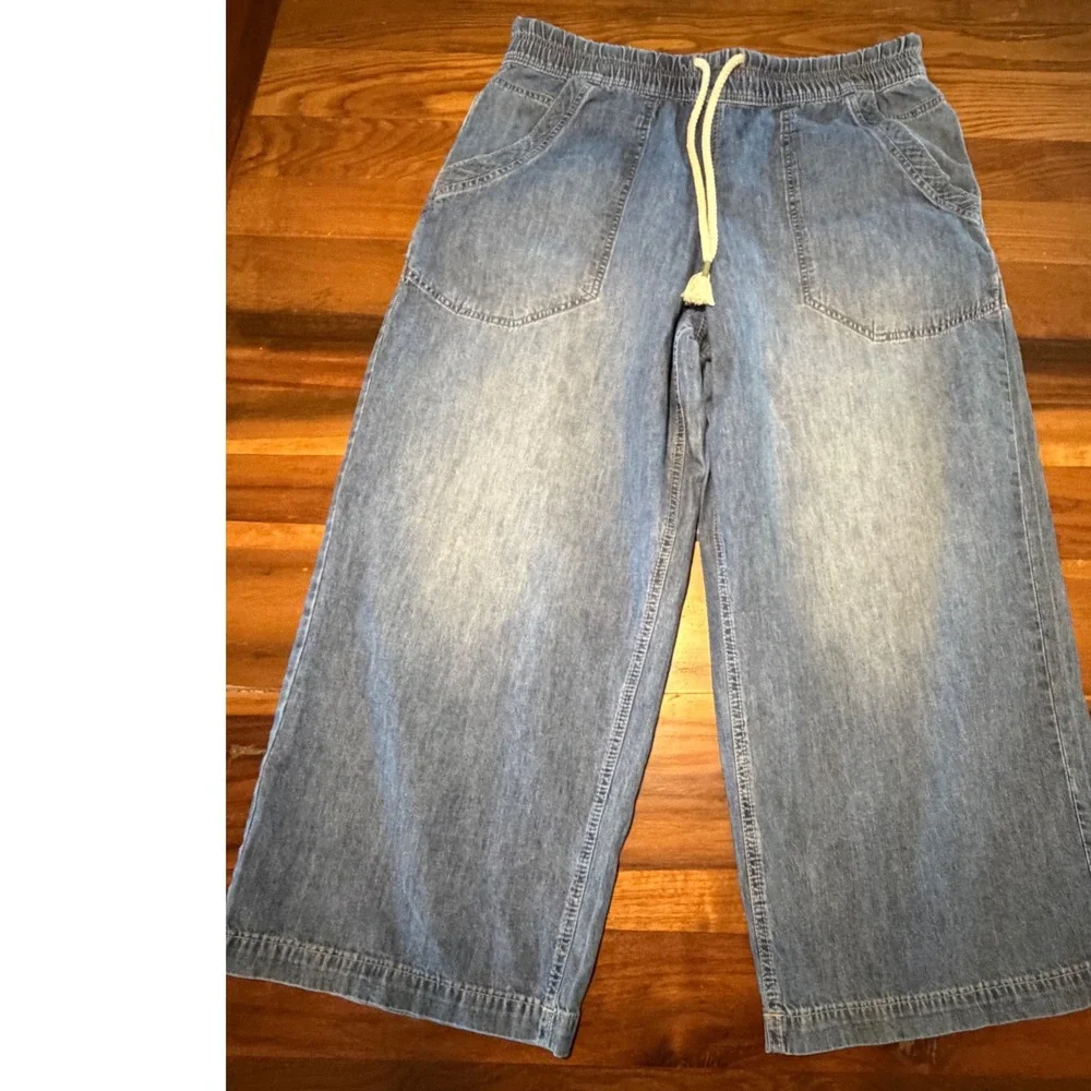 Free People We The Free Wide Leg Denim Pants Light Wash Blue Large Drawstring
